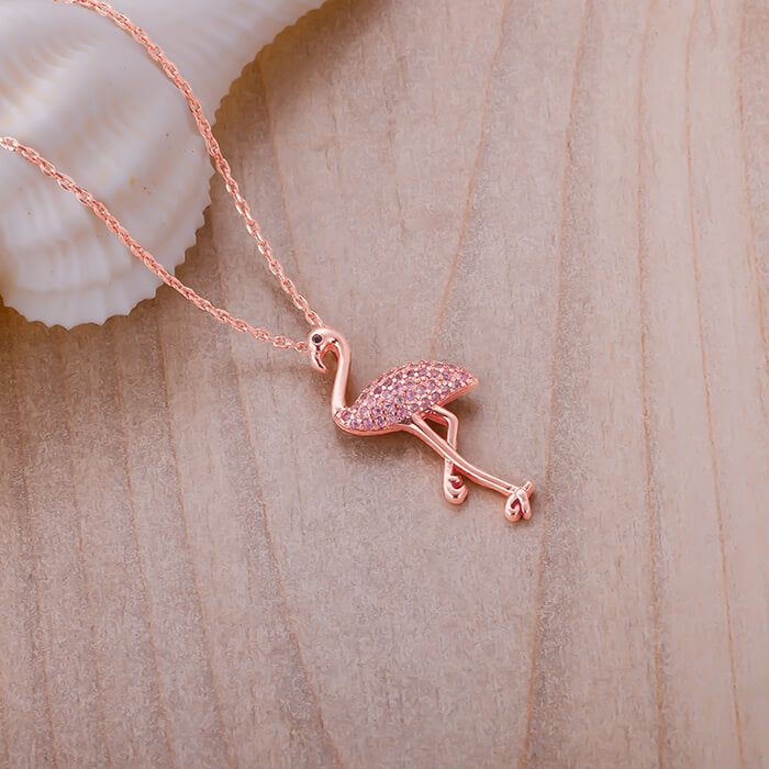 Rose Gold Zircon Flamingo Pendant with Link Chain