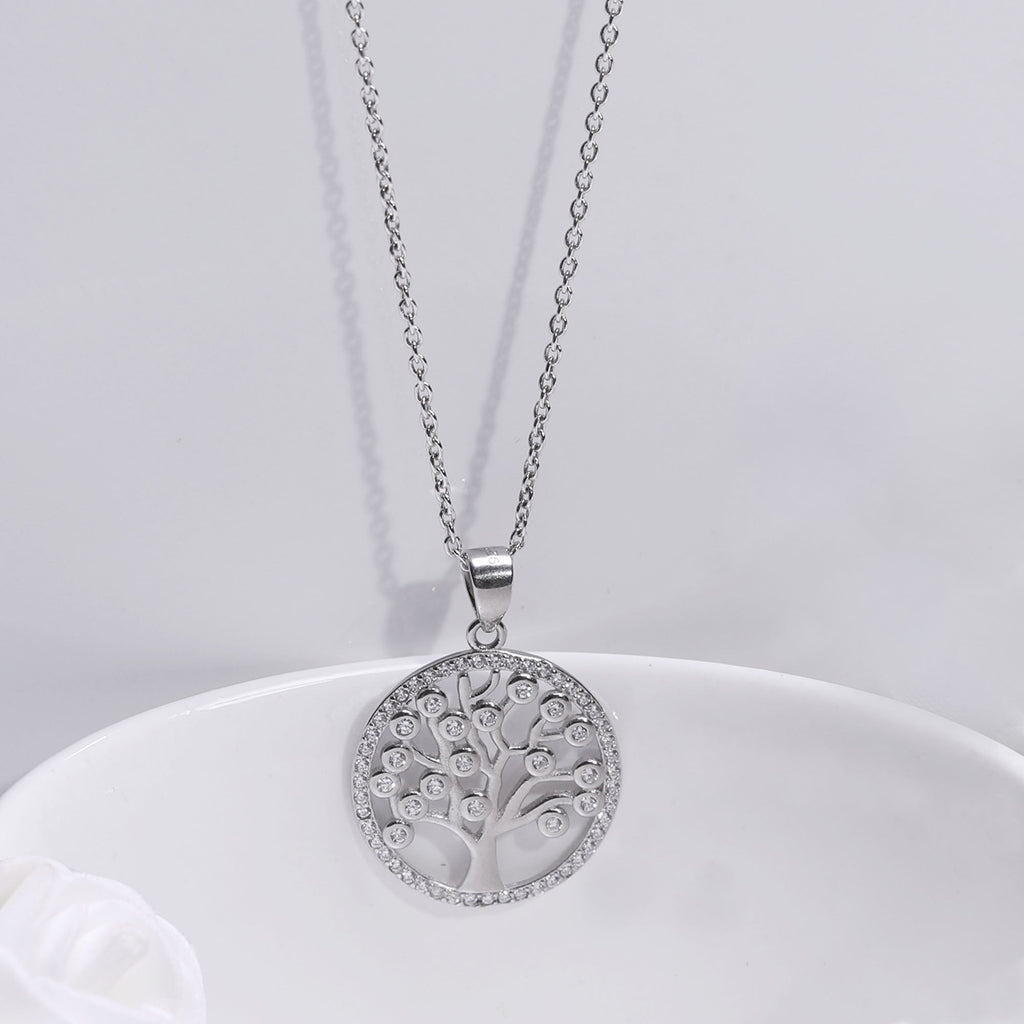 Silver Zircon Tree of Life Pendant with Link Chain