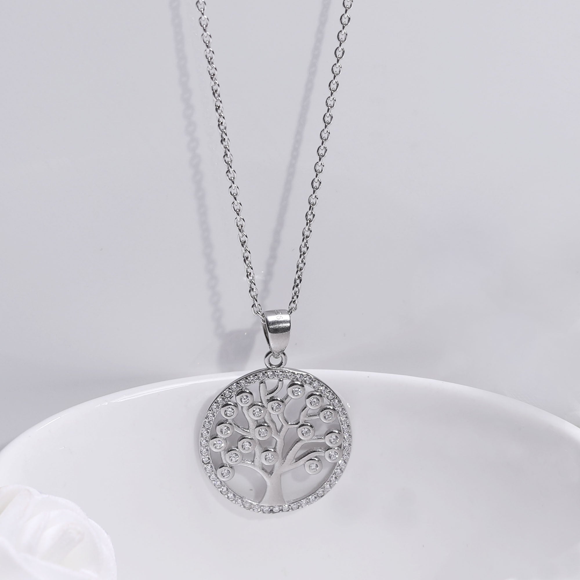 Silver Zircon Tree of Life Pendant with Link Chain