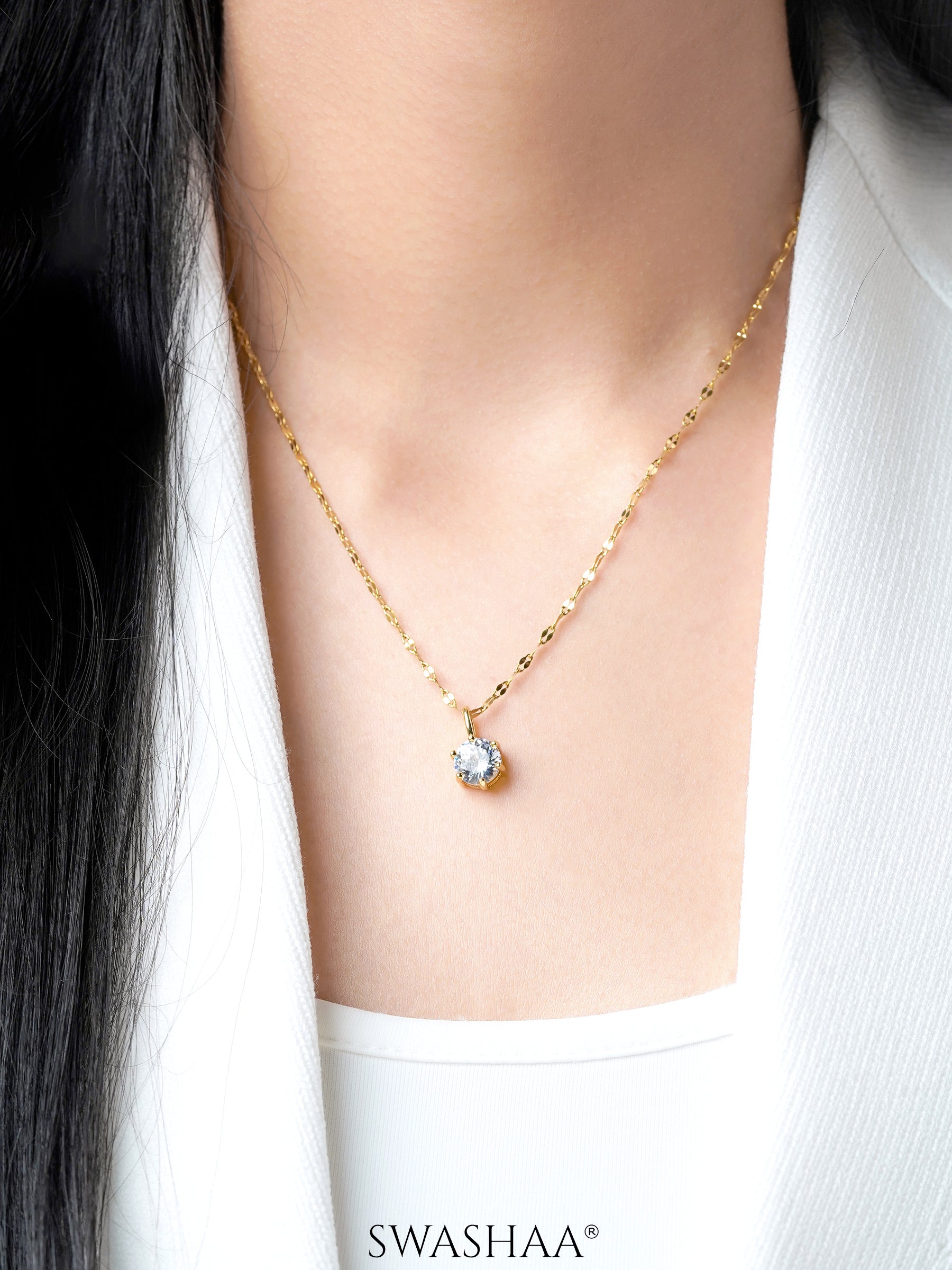 Perennial Solitaire Charm 18K Gold Plated Chain Pendant Necklace