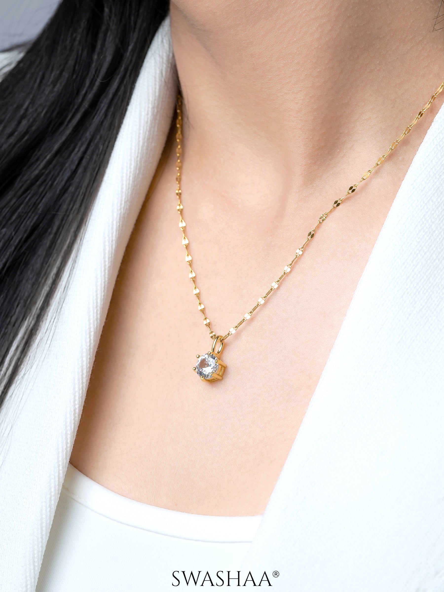 Perennial Solitaire Charm 18K Gold Plated Chain Pendant Necklace