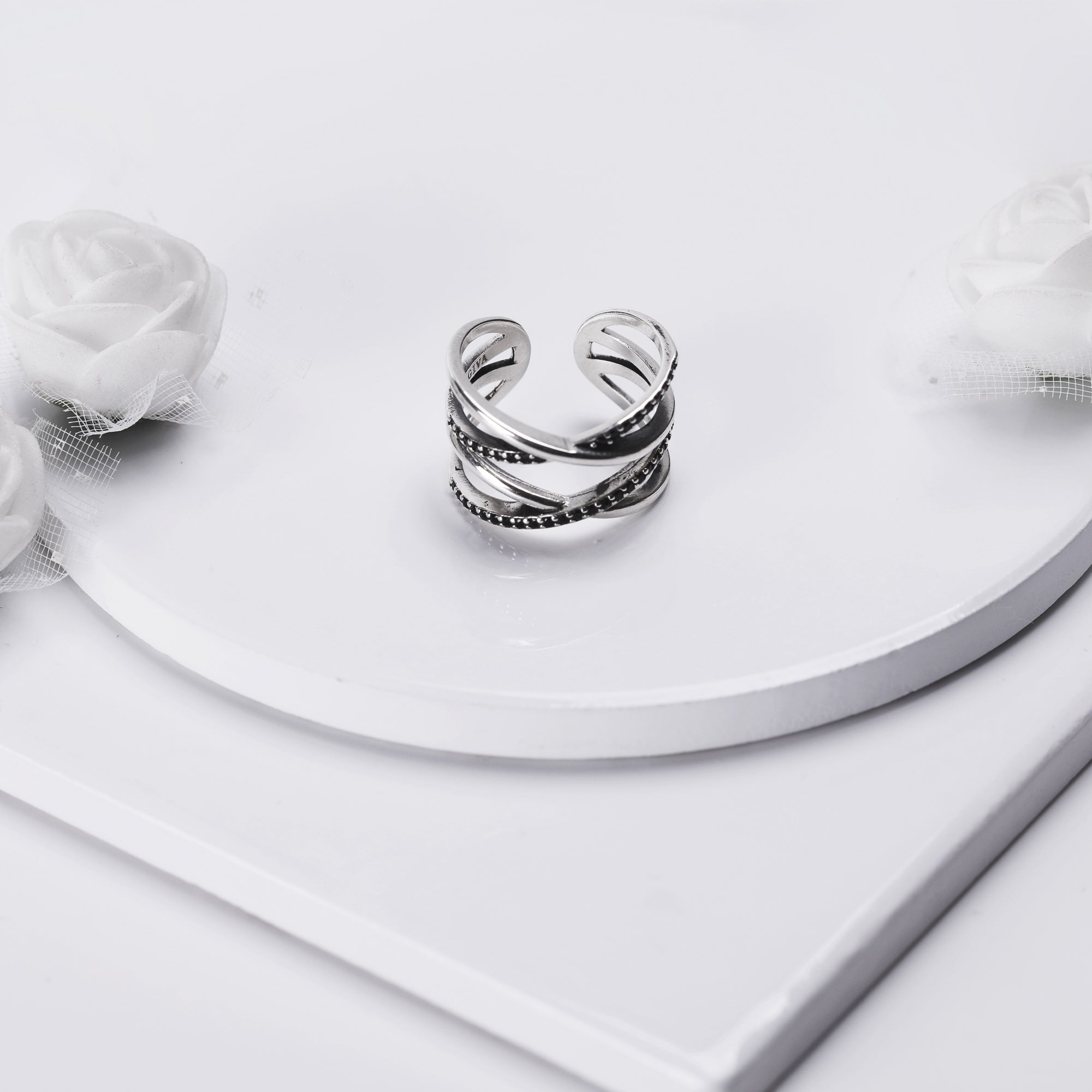 Silver Weave Black Zircon Ring