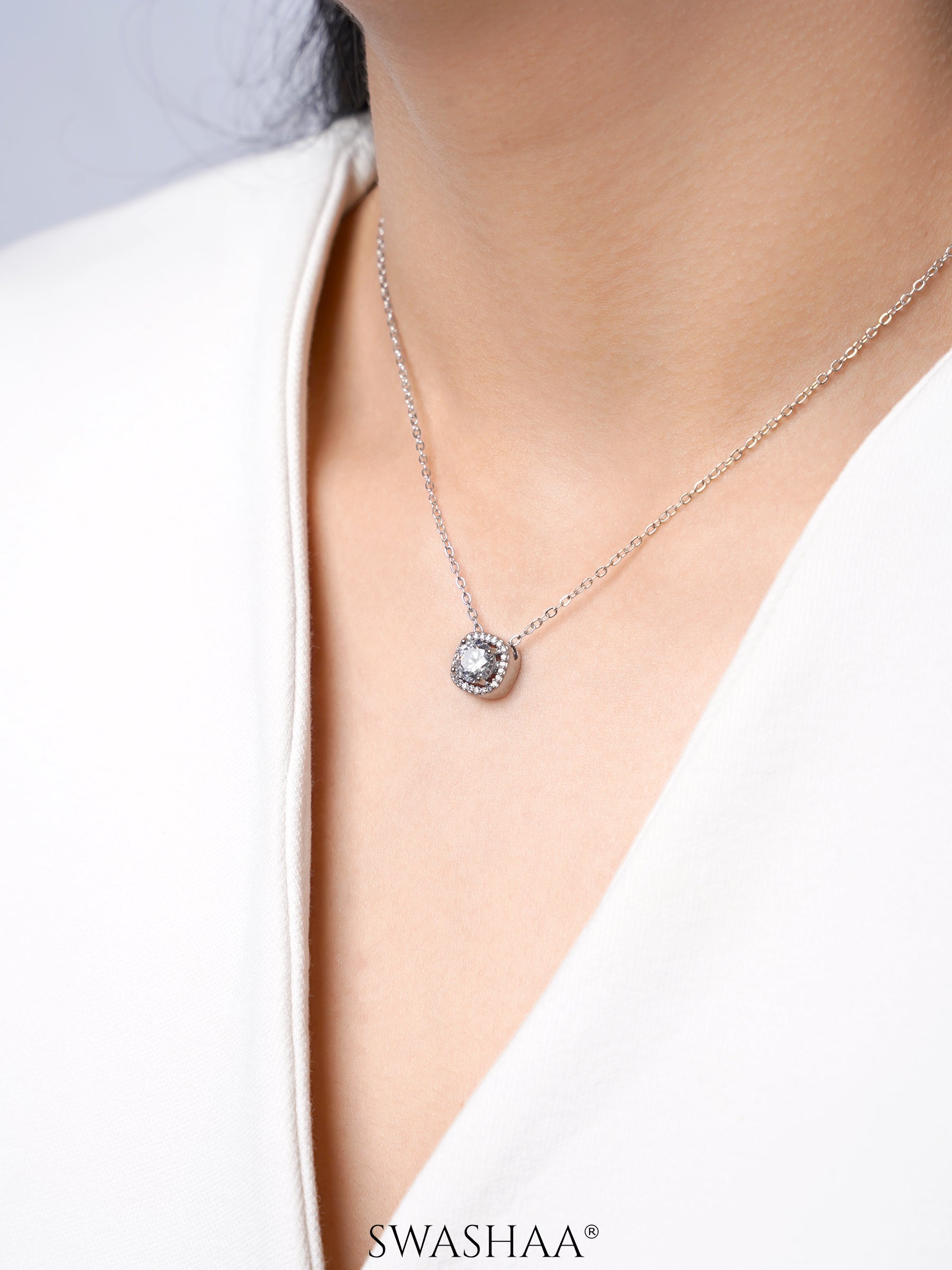 Reine Solitaire Diamond Silver Necklace