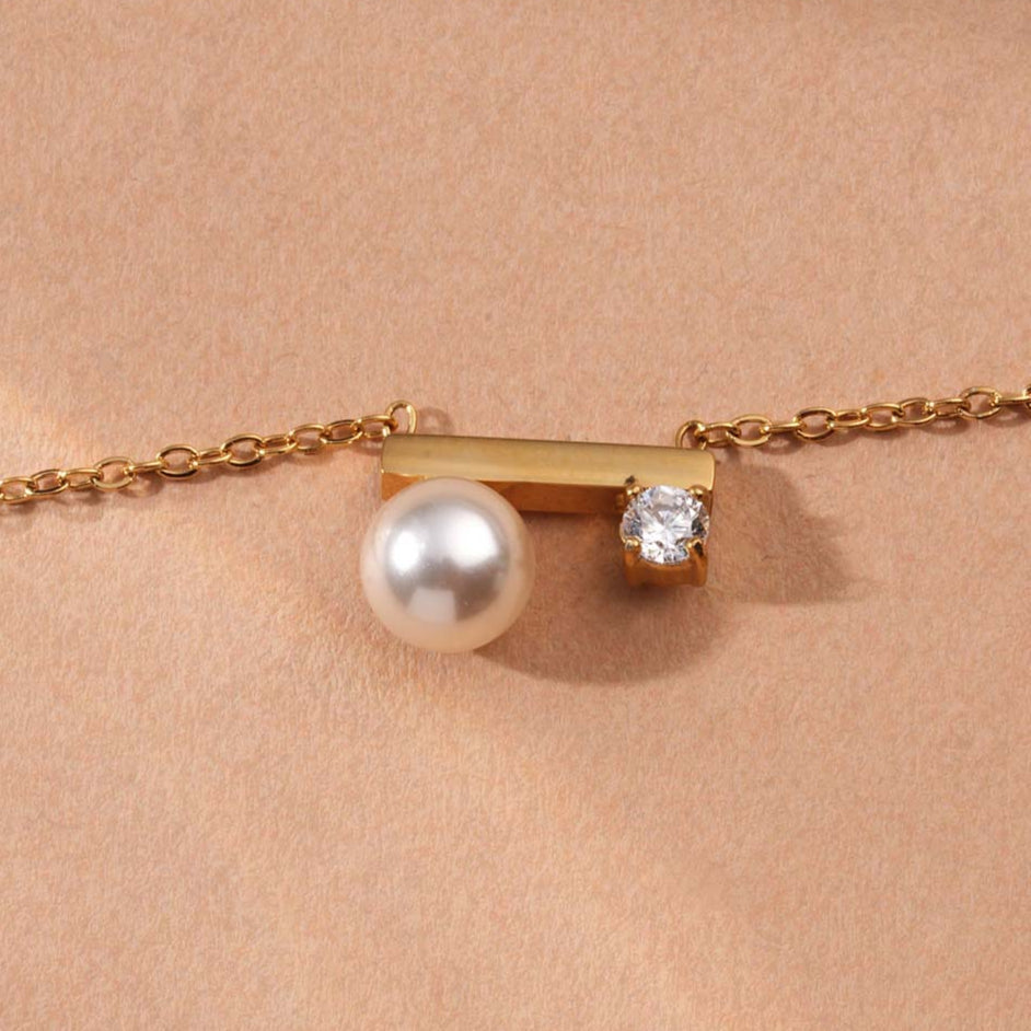 Double Pearl Bar Pendant Necklace - 2