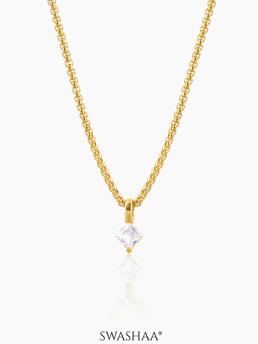 Seana Square Cut Diamond Charm 18K Gold Plated Chain Pendant Necklace