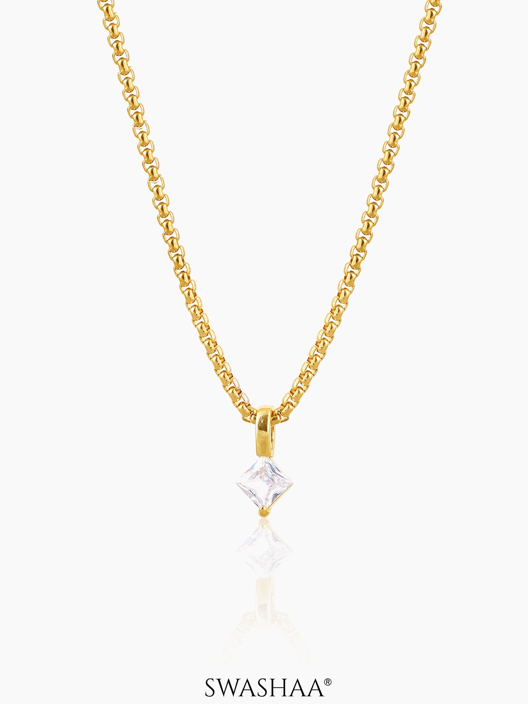 Seana Square Cut Diamond Charm 18K Gold Plated Chain Pendant Necklace