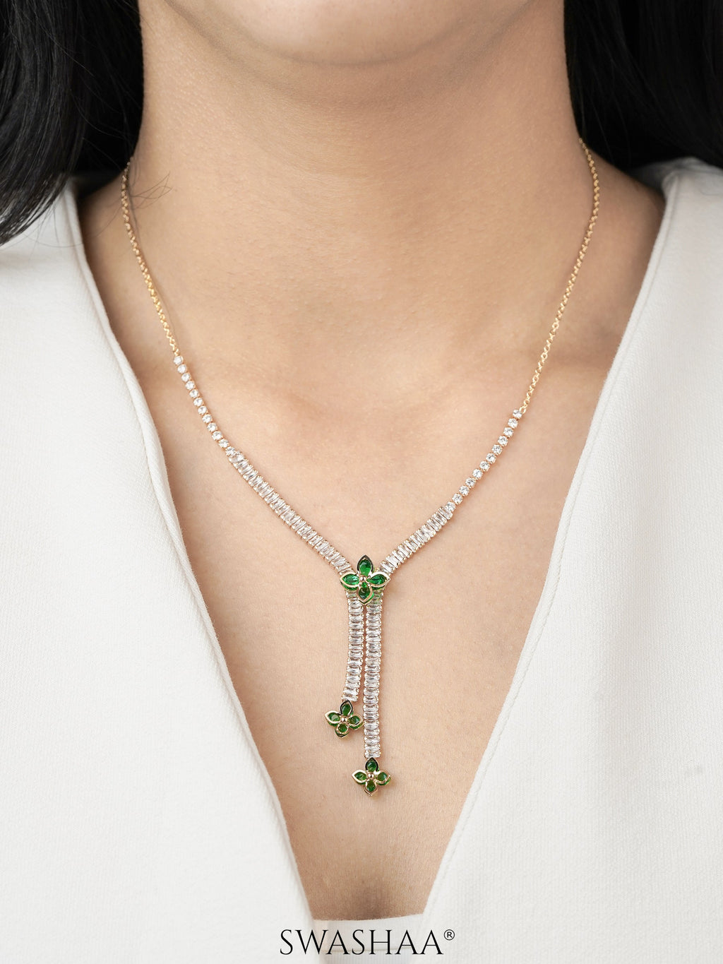 Shanon Green Clover Charm Y-shaped 18K Gold Plated Chain Pendant Necklace