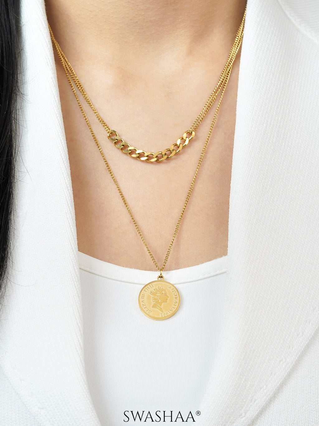 Shina Layered Queen 18K Gold Plated Chain Coin Pendant Necklace