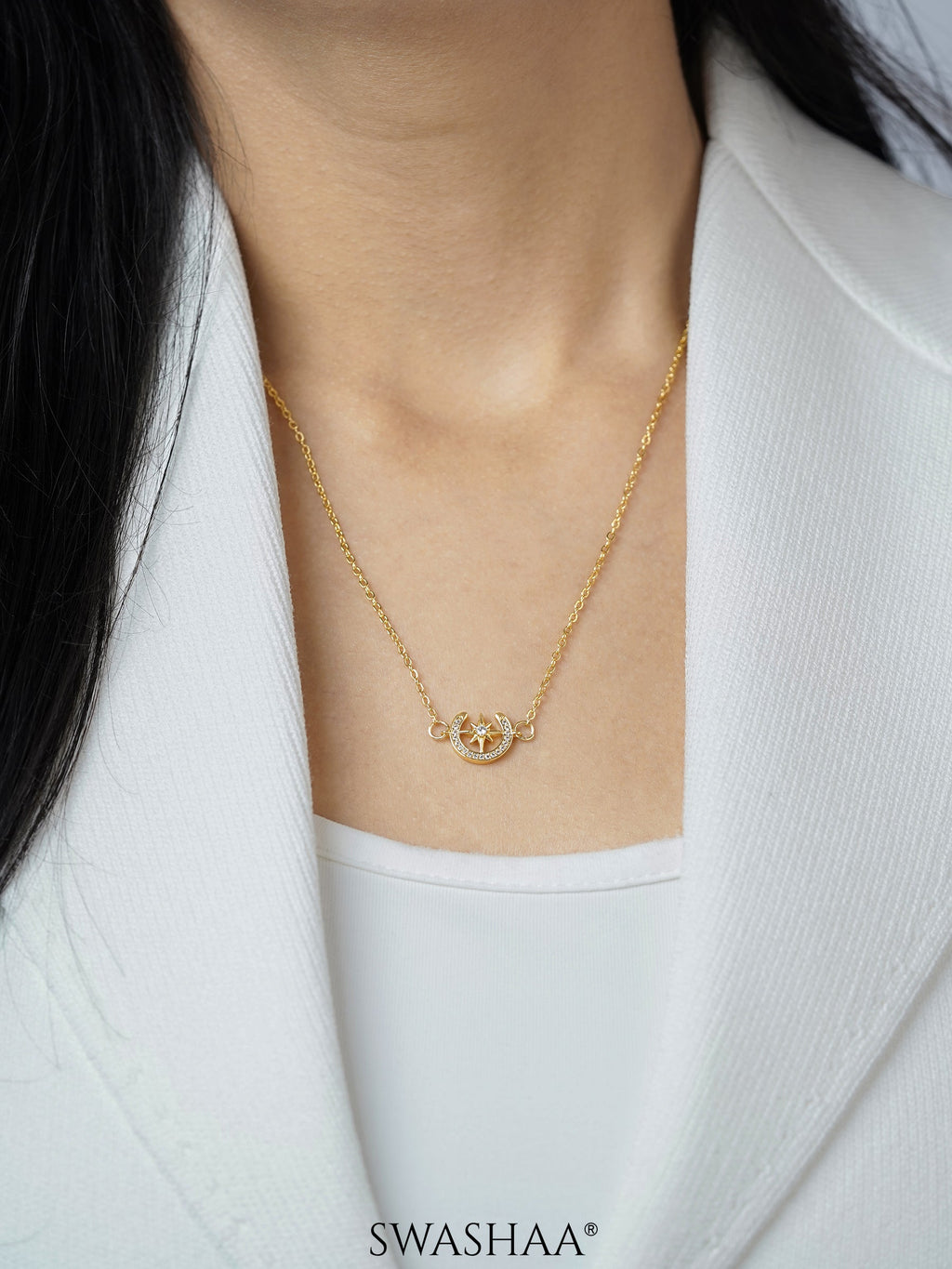 Simini Delicate Celestial Moon Star Charm 18K Gold Plated Necklace