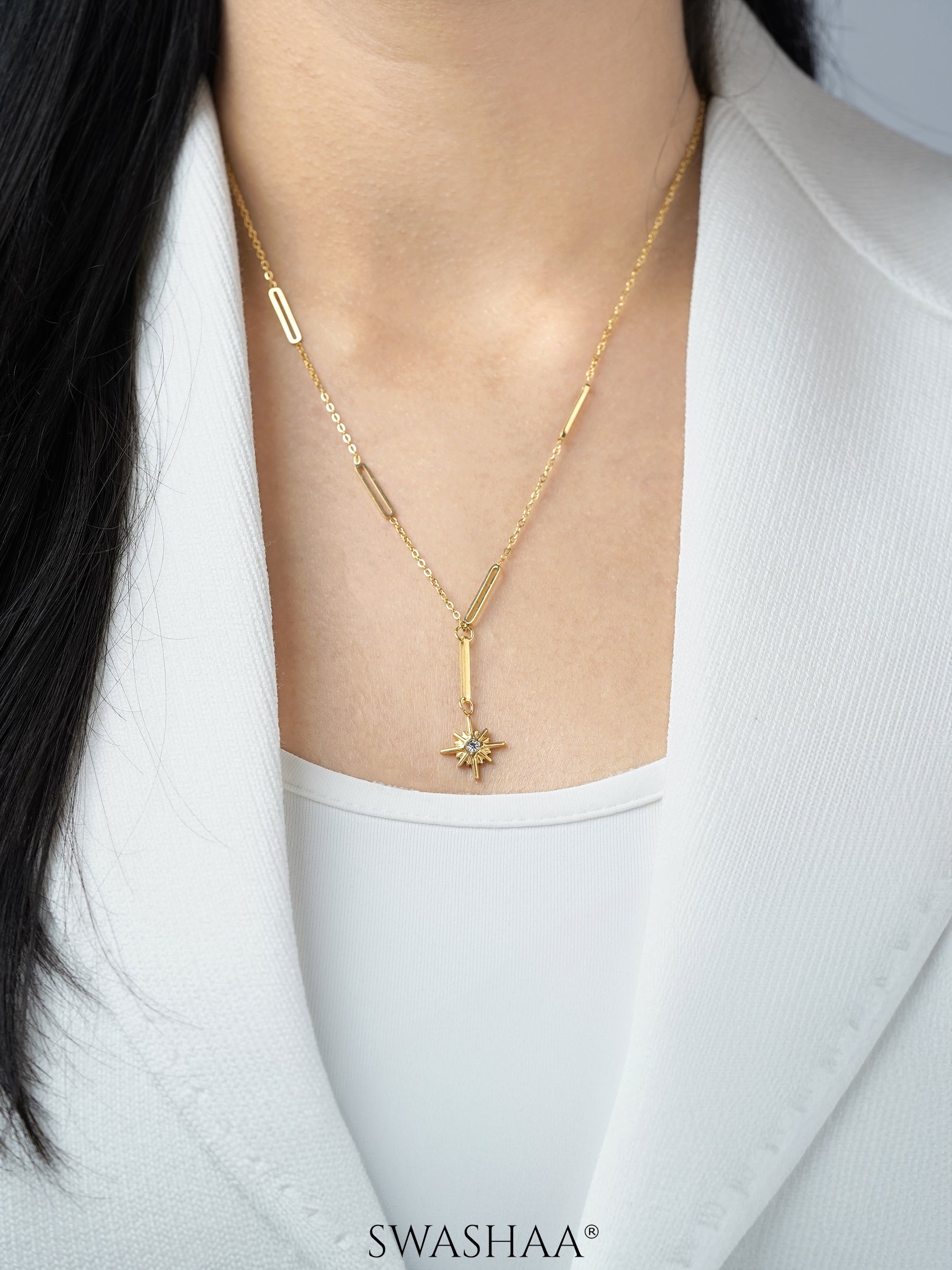 Solar Starbrust Charm 18K Gold Plated Y-shaped Chain Pendant Necklace