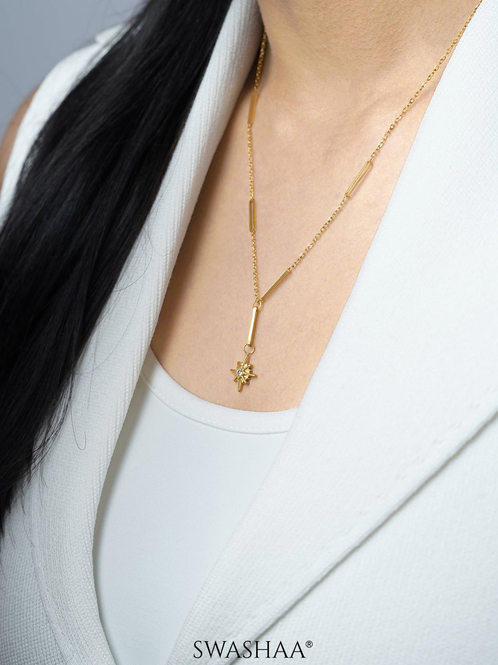 Solar Starbrust Charm 18K Gold Plated Y-shaped Chain Pendant Necklace