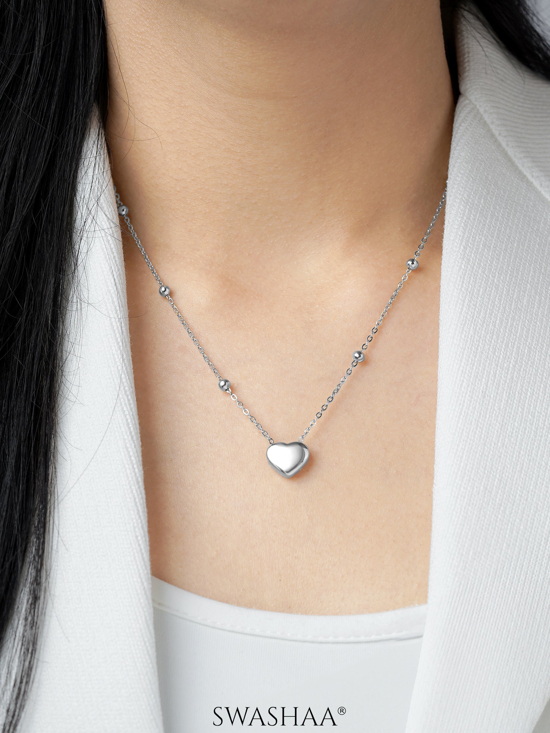 Statement Heart Charm Beads Silver Necklace
