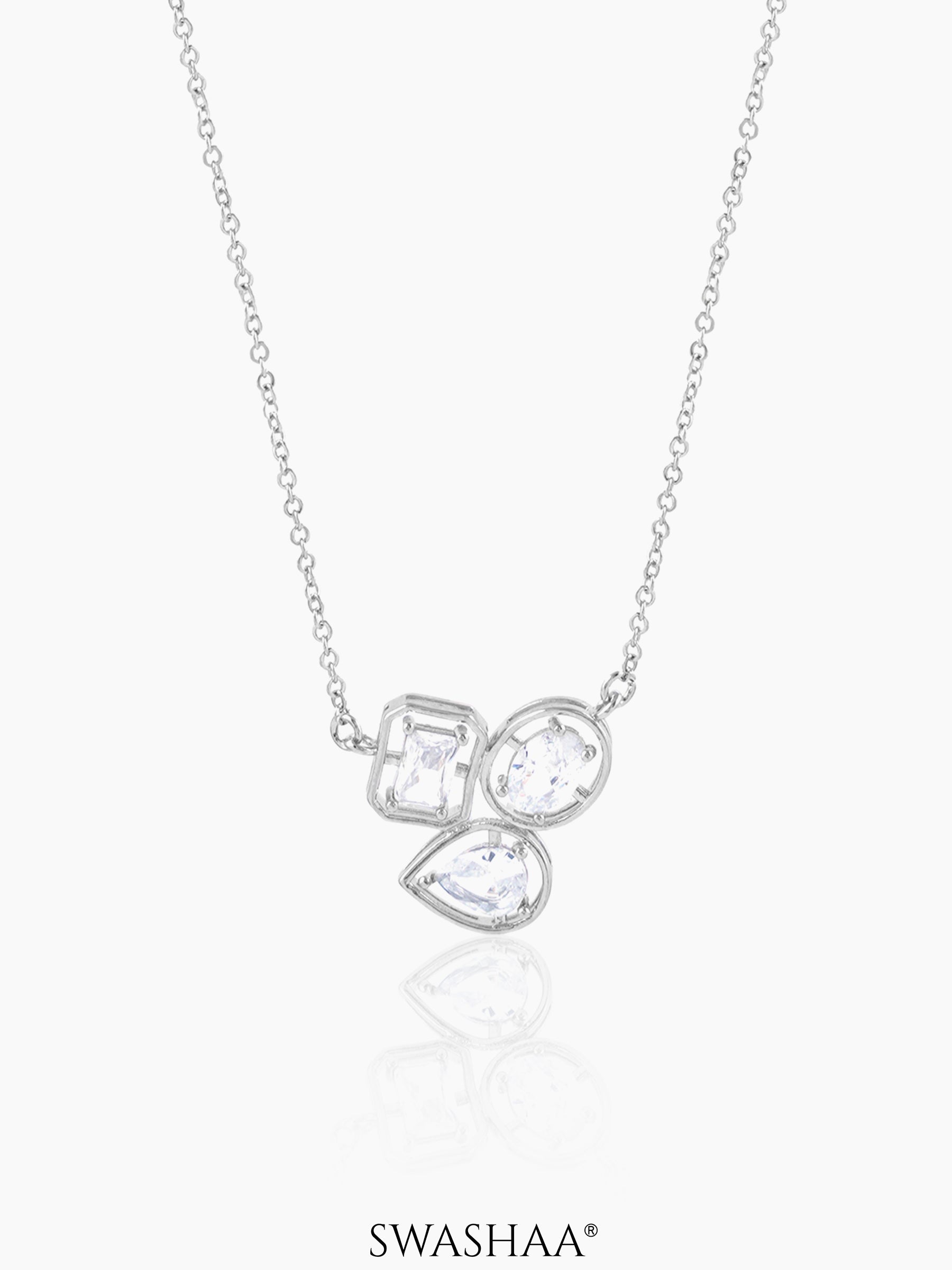 Three Star Pear Oval Emerald Silver Necklace