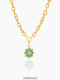 Zinnia Green Jade Blossom Charm 18K Gold Plated Chain Pendant Necklace