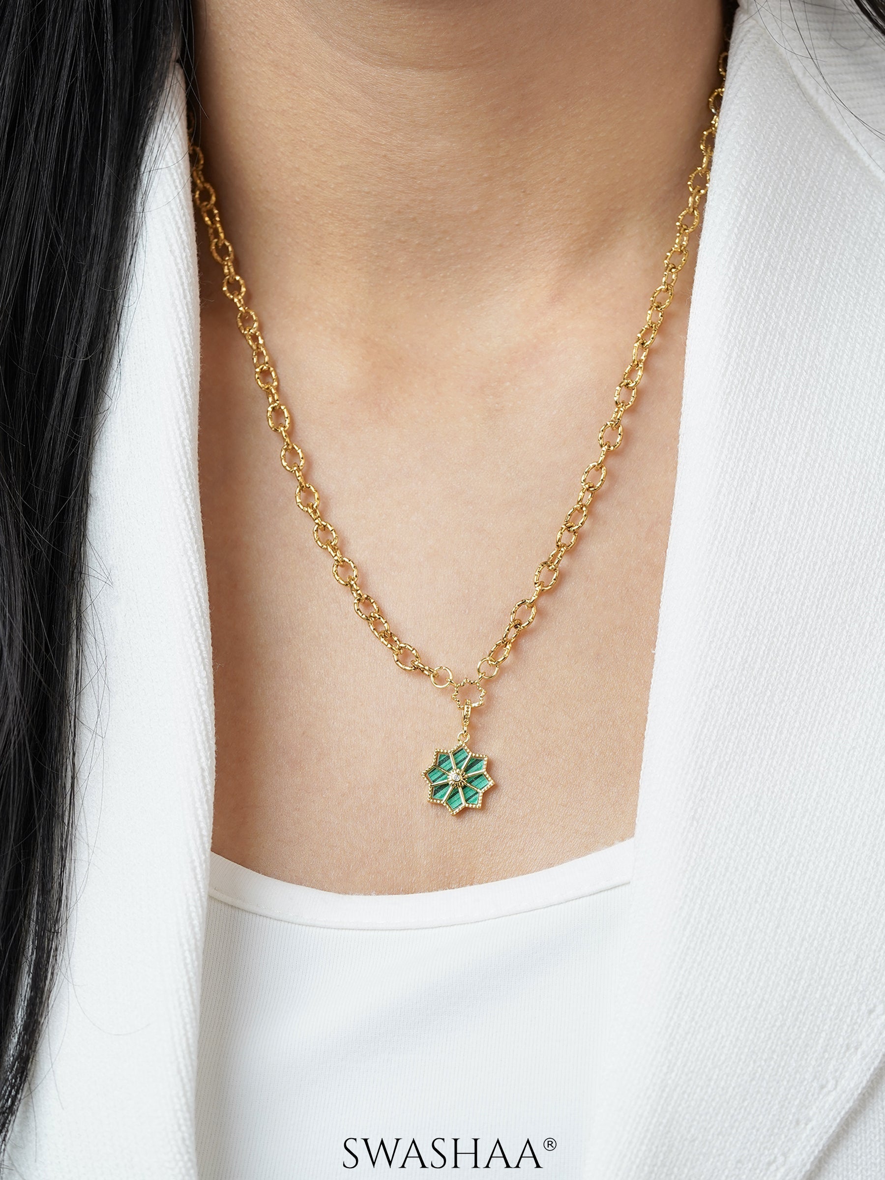 Zinnia Green Jade Blossom Charm 18K Gold Plated Chain Pendant Necklace