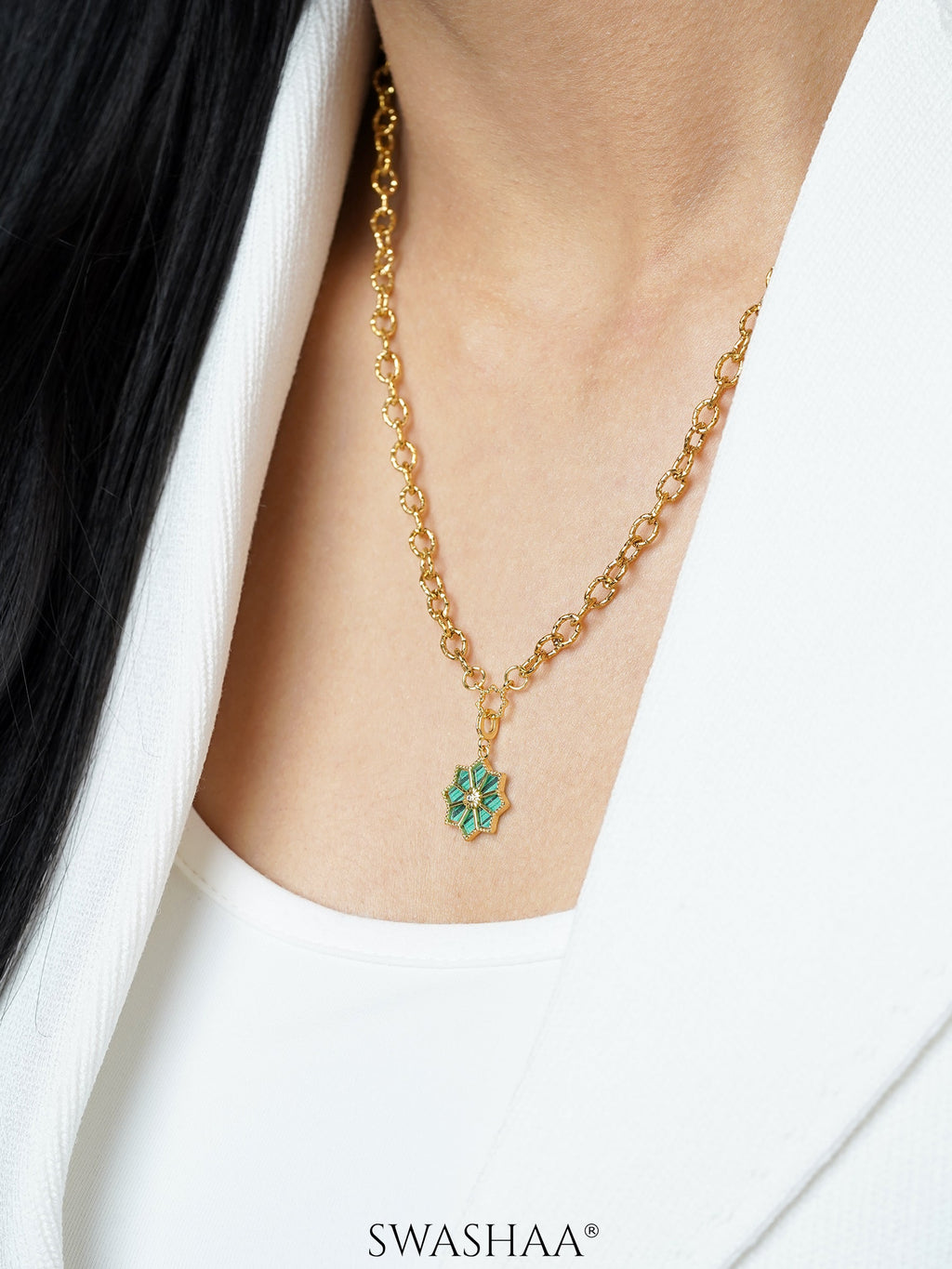 Zinnia Green Jade Blossom Charm 18K Gold Plated Chain Pendant Necklace