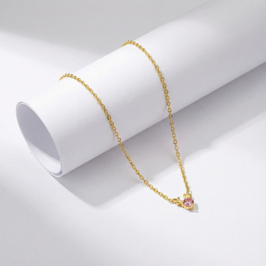 Crescent Star Pink Gem Pendant Necklace